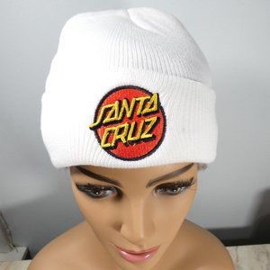 White knit beanie cap with Santa Cruz logo